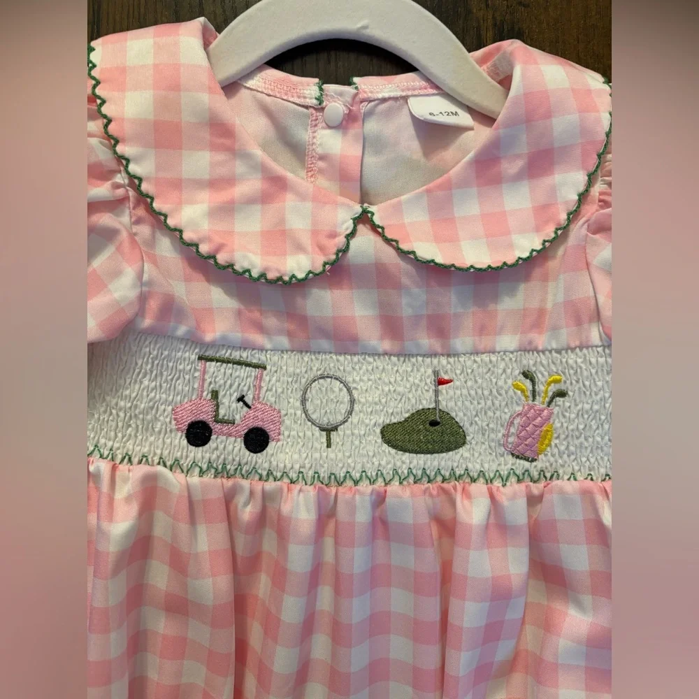 Pink Gingham Golf Themed Baby Romper - Picture 5 of 6